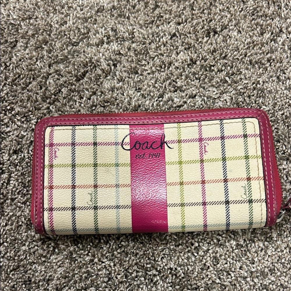 Coach Pink and Cream Plaid Wallet